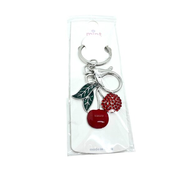 3/$30 CHERRY KEYCHAIN SILVER TONE ENAMEL LEAF RED RHINESTONE BAG CHARM FRUIT NWT - Picture 7 of 7
